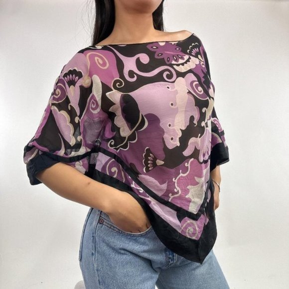 Unbranded Jackets & Blazers - rare floral semi sheer 100% silk ruffle scarf top